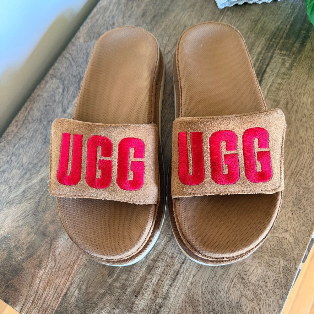 UGG Laton Slide Sandals Women 6 Chestnut Suede Puffy Logo Platform Comfort Shoes - Picture 2 of 11